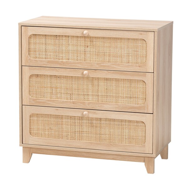 Baxton Studio Elsbeth Japandi Oak Brown Finished Wood and Natural Rattan 3-Drawer Storage Cabinet 227-12953-ZORO - main